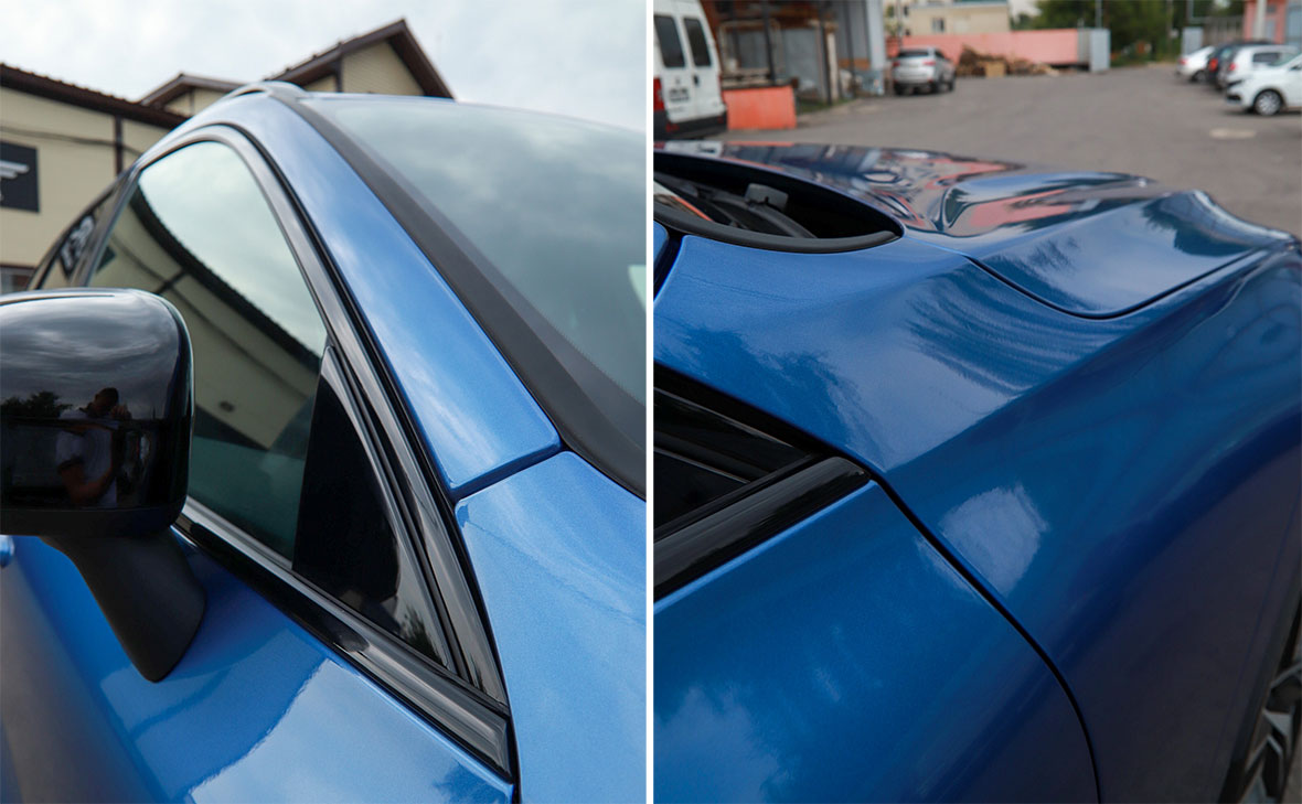На фото стойка, зеркало, крыло, капот автомобиля Volvo XC60 после оклейки антигравийной пленкой.