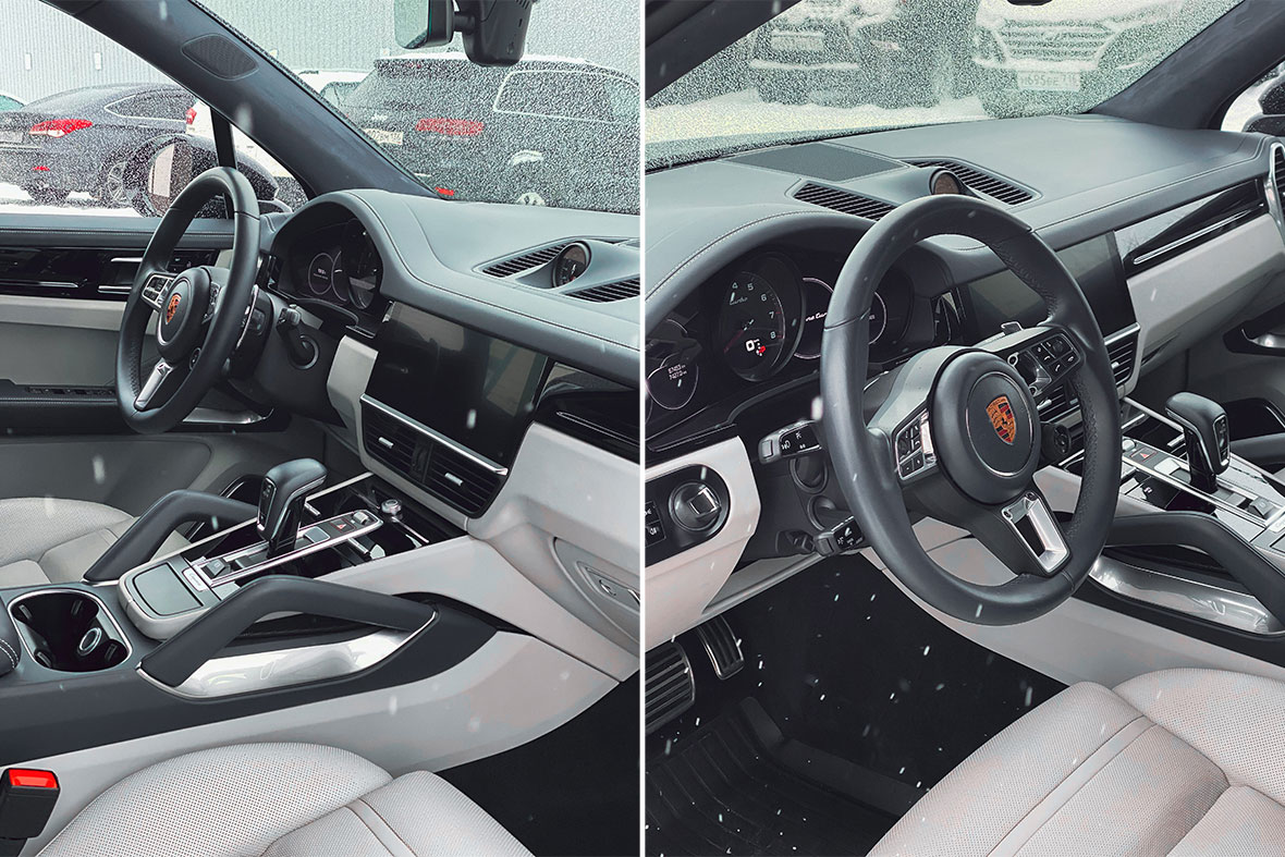 Смотреть на фото светлый салон из натуральной кожи автомобиля Porsche Cayenne после чистки в фирме AR-Detailing.