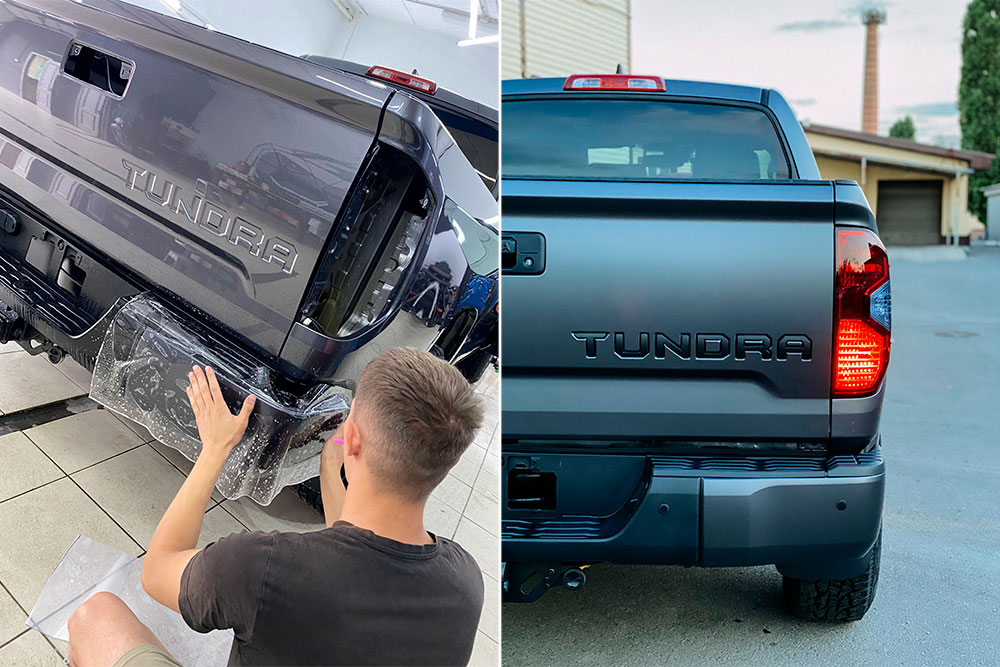 Смотреть на фото автомобиль Toyota Tundra до и после оклейки.