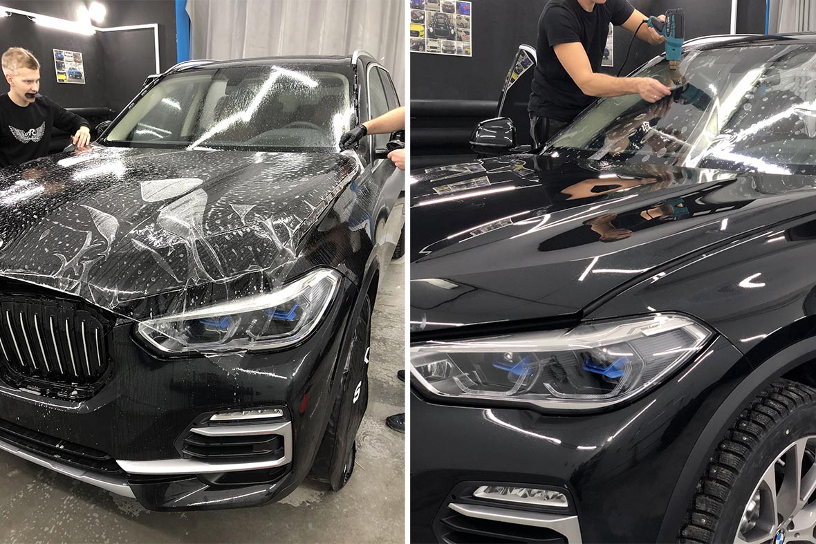 Смотреть фото процесса поклейки антигравийной пленки на капот и лобовое стекло у BMW X5