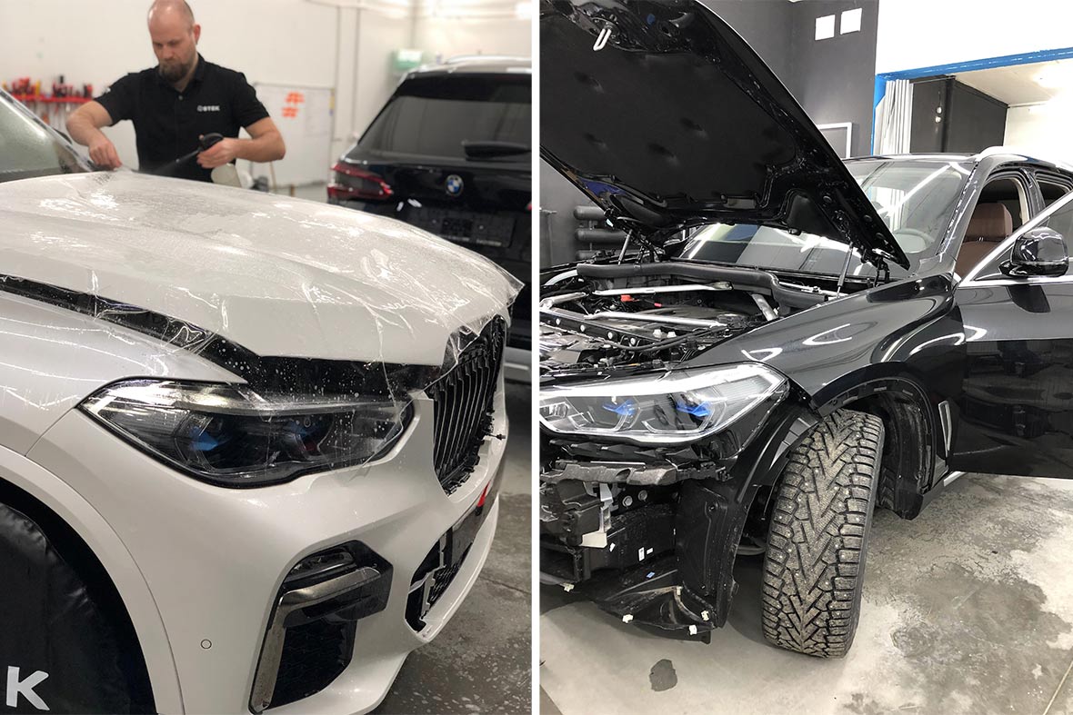 Смотреть на фото процесс оклейки защитной пленкой автомобилей BMW X5