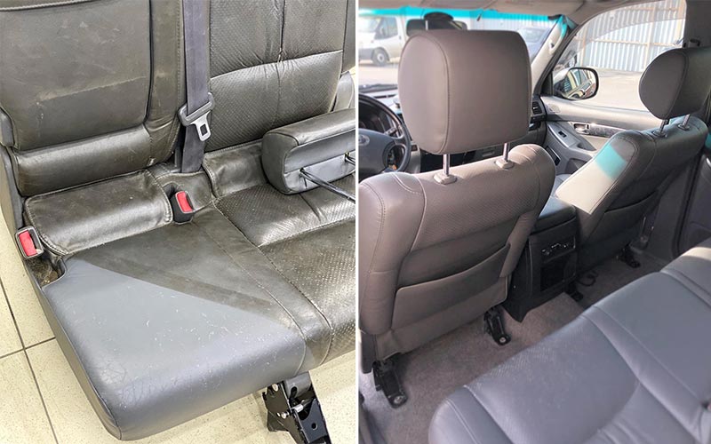 Смотреть на фото кресла Toyota Land Cruiser до и после химчистки в детейлинге AR-Detailing.