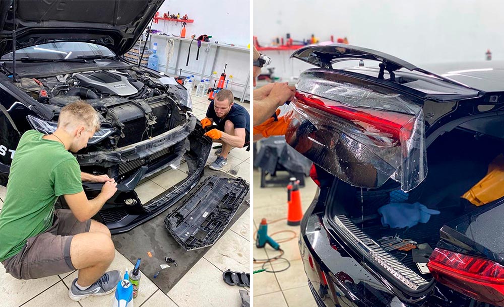 Смотреть на фото процесс установки антигравийной пленки на бампер с разбором. Установка защиты на задний фонарь Audi A7 Sportback.