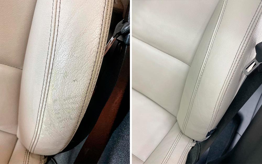 Смотреть на фото кожу водительского кресла до и после реставрации.