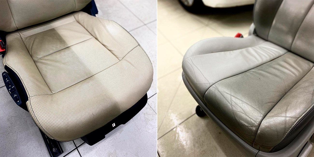 Смотреть на фото светлые кресла автомобиля до и после химчистки.