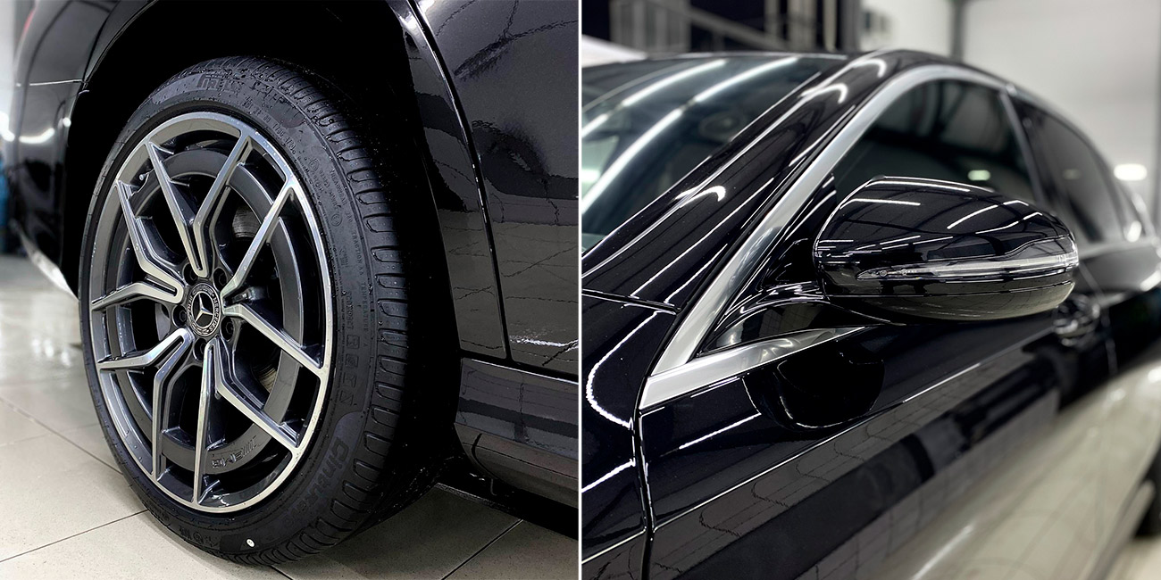 Комбинированное фото. На фото колесо автомобиля Mercedes E-Class после чистки и часть кузова после оклейки антигравийной защитой.