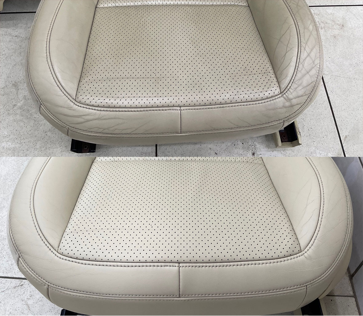 Смотреть на фото до и после химчистки кожаное кресло водителя автомобиля Ягуар.