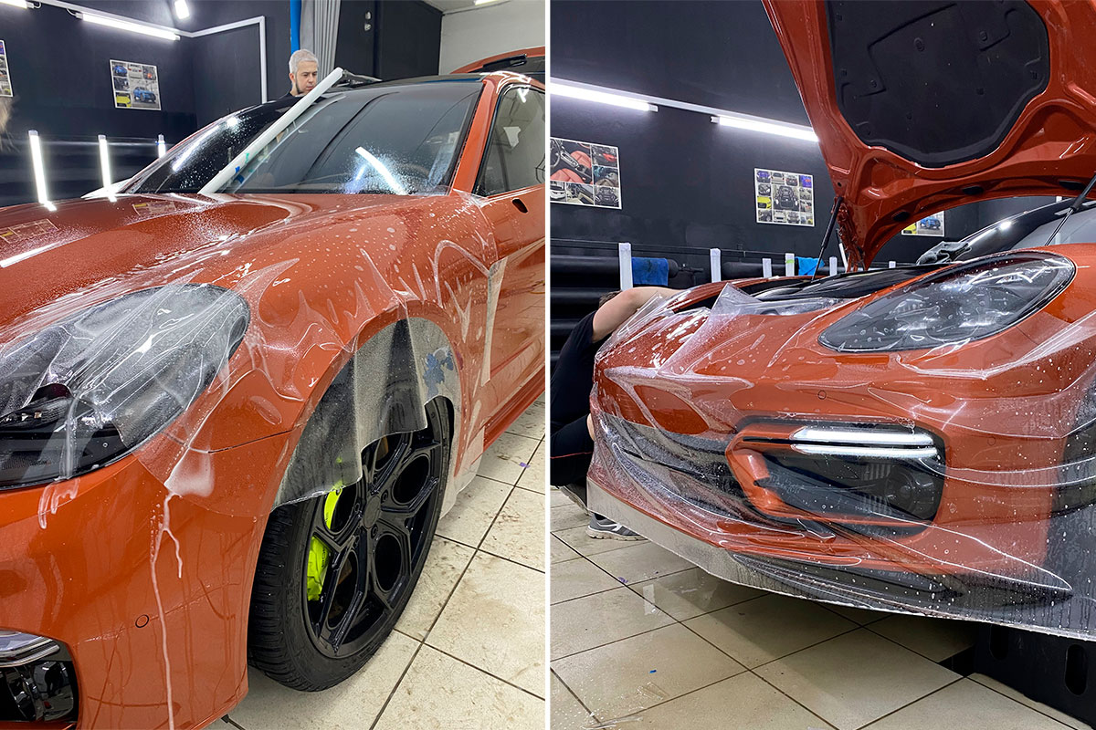Смотреть на фото процесс установки полиуретановой антигравийной пленки на автомобиль Porsche Panamera 4S.