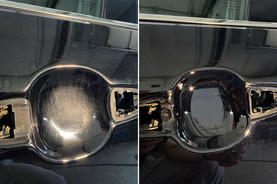 На фото лунки под ручками дверей автомобиля Toyota Camry до и после полировки.