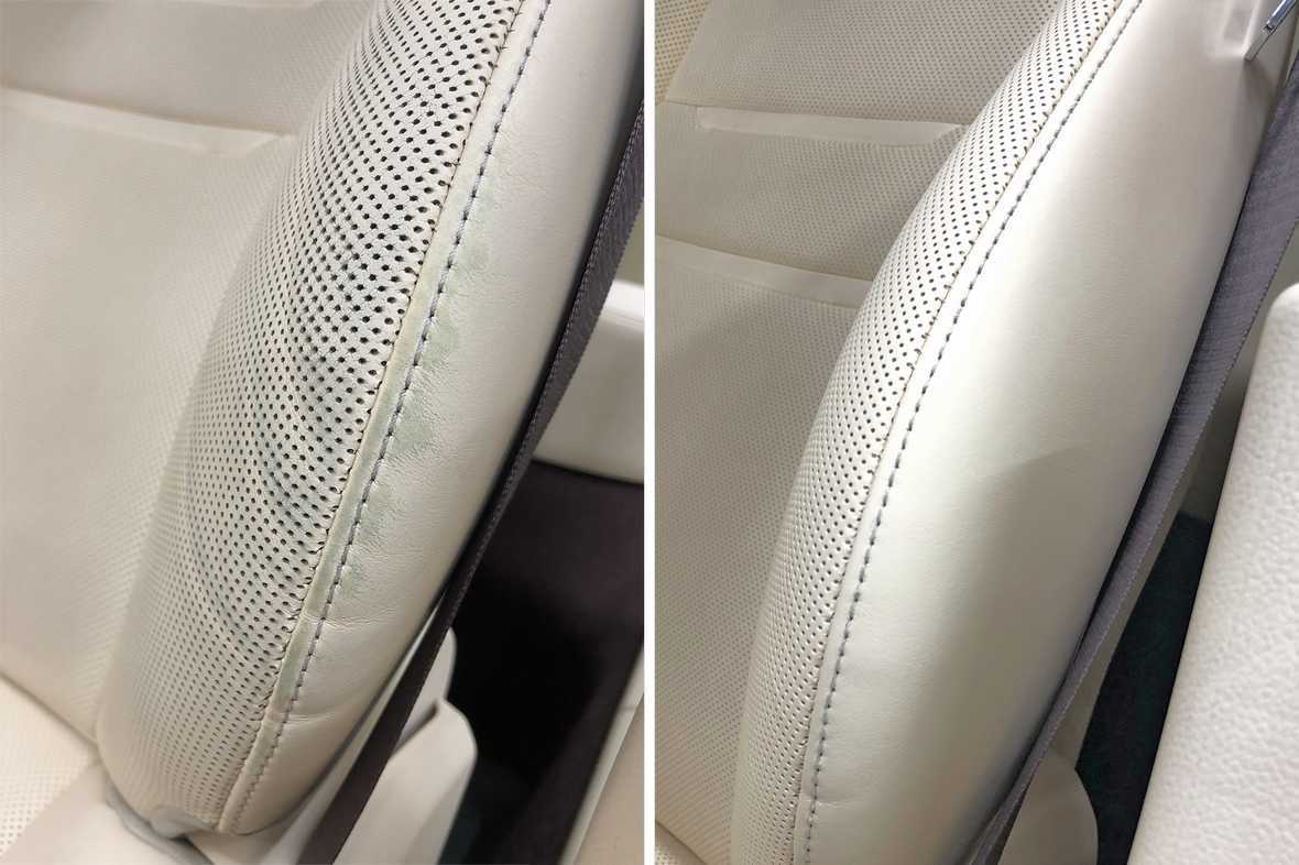 На фото подушка кресла Porsche Panamera до и после покраски. Дефекты убрали полностью.