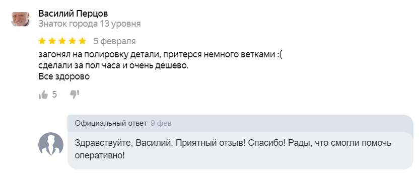 Смотреть скриншот отзыва клиента Василий Перцов об услуге удаления царапин на авто.